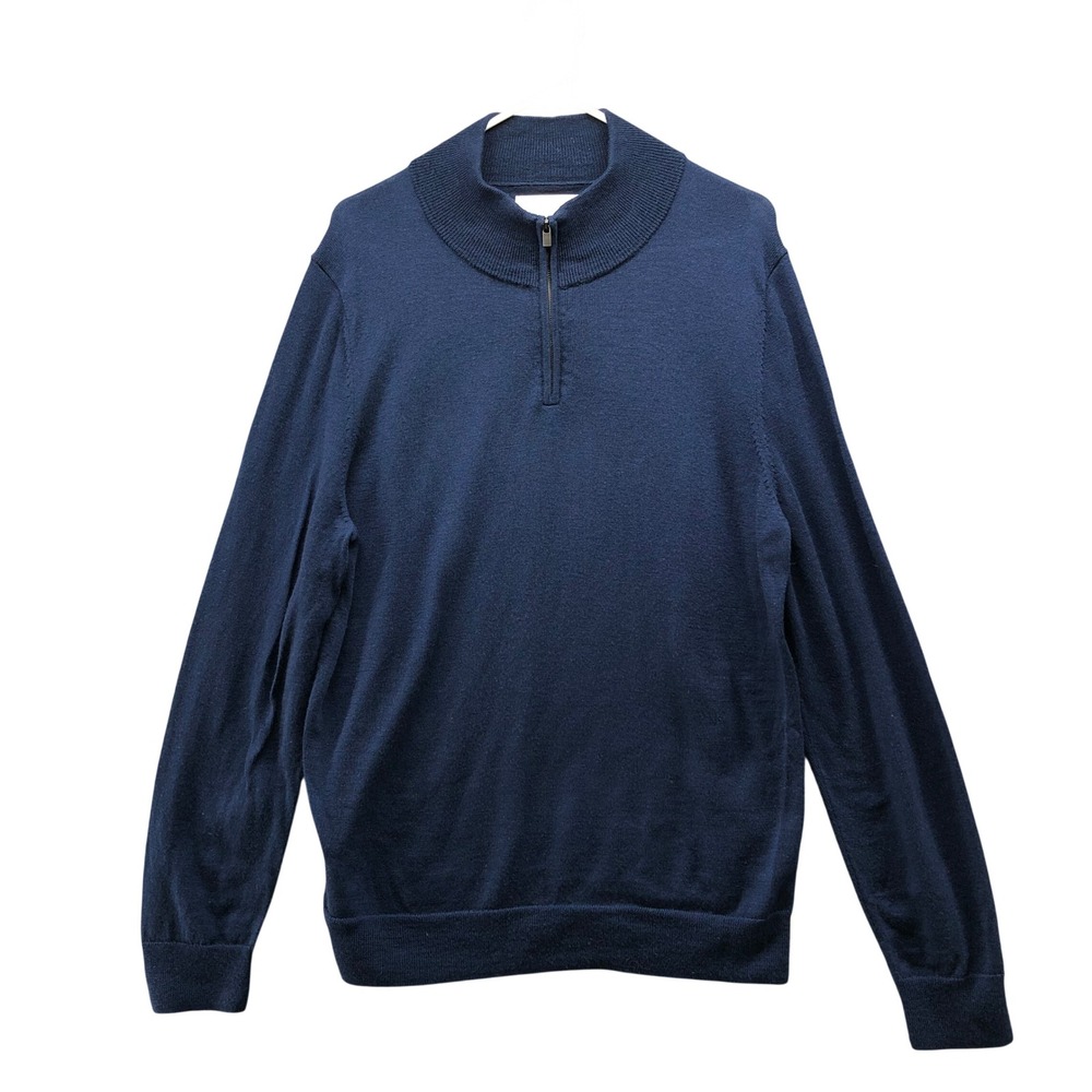 Nordstrom‎ Rack 100% Merino Wool Sweater Mens L Dark Blue 1/4 Zip Mock Neck